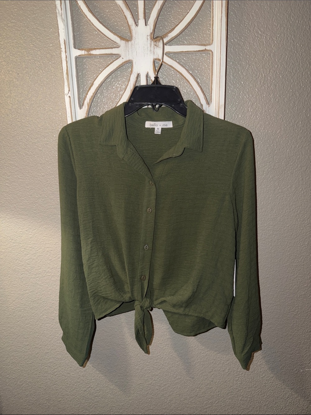 Bella + Me Olive Button-Front Tie Hem Shirt